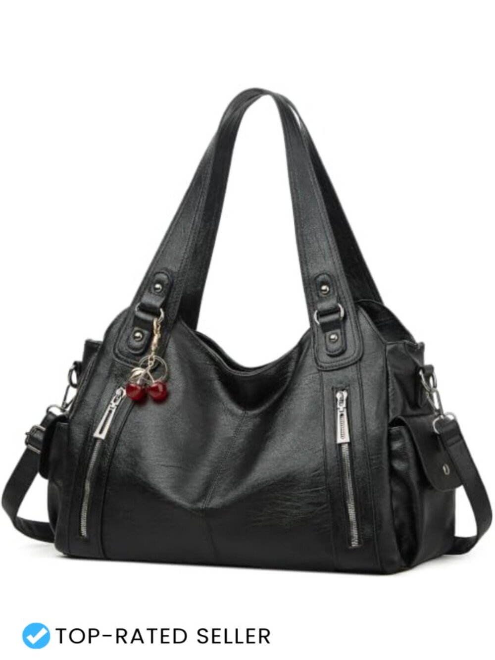 Slouchy Hobo Shoulder Bag PU Leather Crossbody Satchel Tote with Pendant